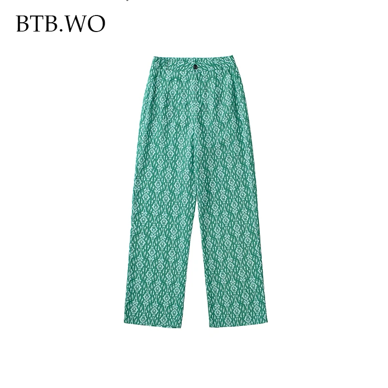 

BTB.WO Za Women Pants Fashion Print Wide Leg Pants For Women Side Pockets Elastic Waist Ankle-Length Trousers