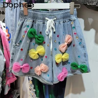 2022 summer new beads bow high waist denim shorts women slimming wide leg washed jean white hot pants ladies outfits