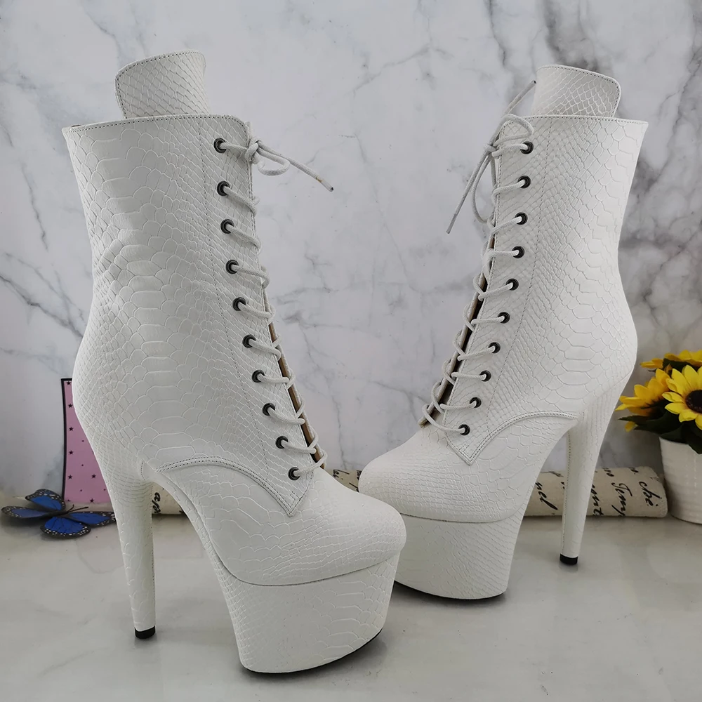 Leecabe White Snake 17CM/7inches Pole dancing shoes High Heel platform Boots Pole Dance boot