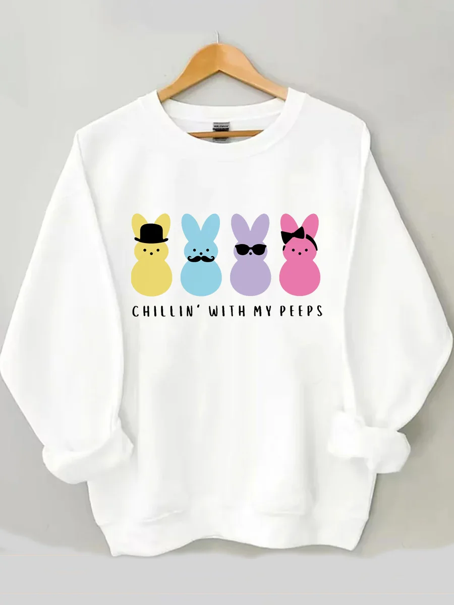 

Orthoshoulder Chillin with My Peeps Print Women Tshirt Easy Matching Elegant Long Sleeve Casual Loose Bottoming Shirts