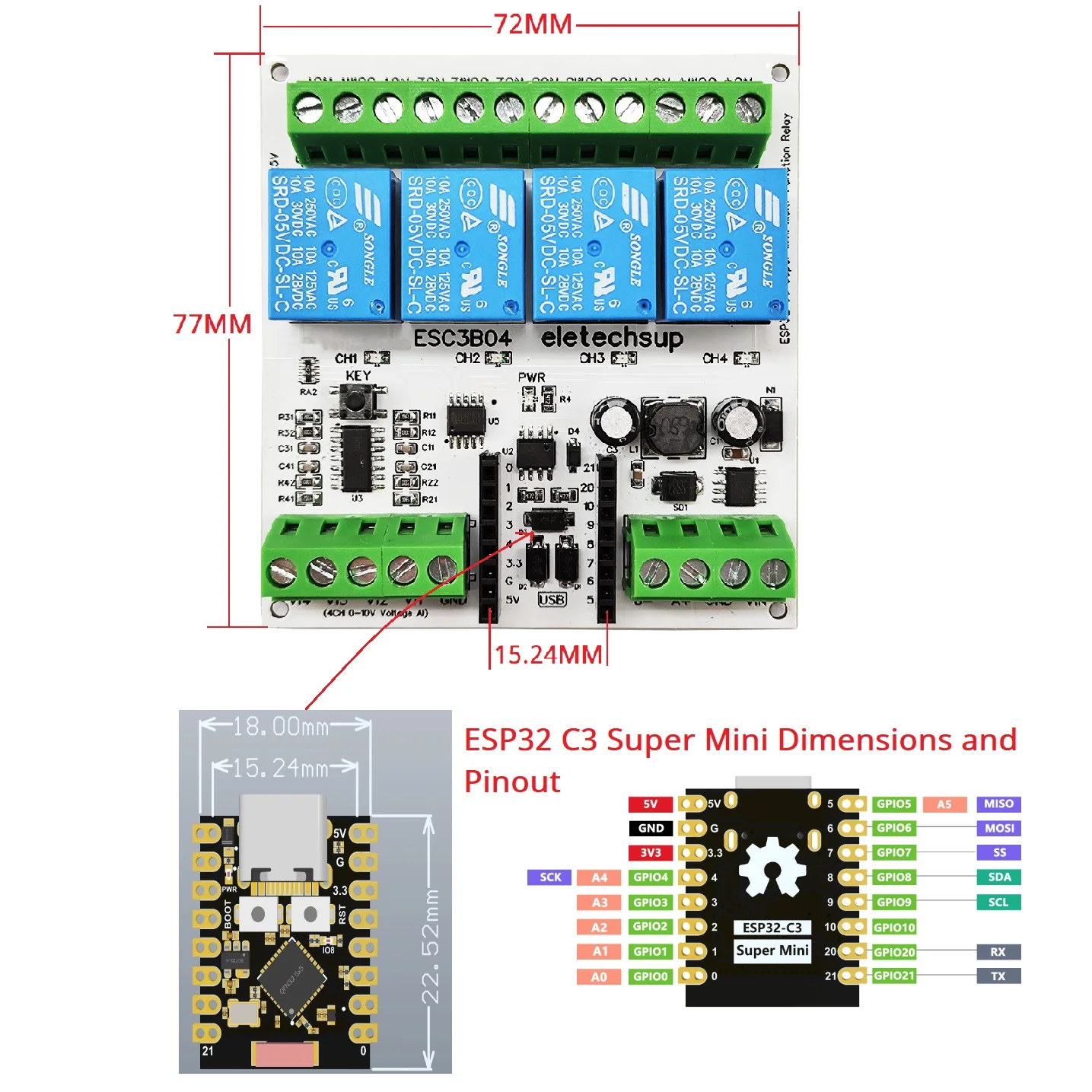 Супер мини-плата расширения ESP32 C3 постоянного тока 7-24 В 4AI-4DO RS485 Релейный модуль
