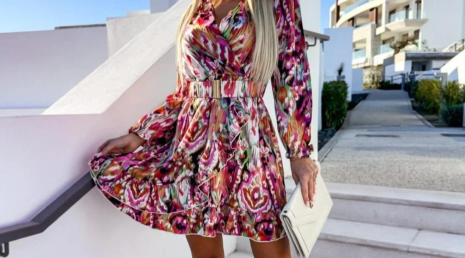 Women's New Rashion Rainbow Color Stripes V-neck Dress Long Sleeve Sexy High Waist