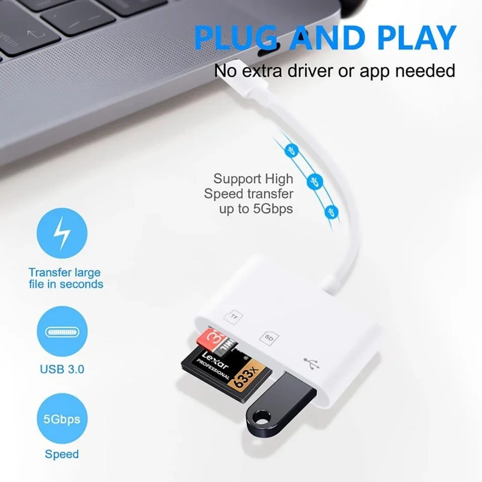 3-в-1 Адаптер OTG Для Чтения Карт SD/TF Apple iPhone 14/12/13/11 Pro Max/XR/XS USB-C Конвертер iPad Android И