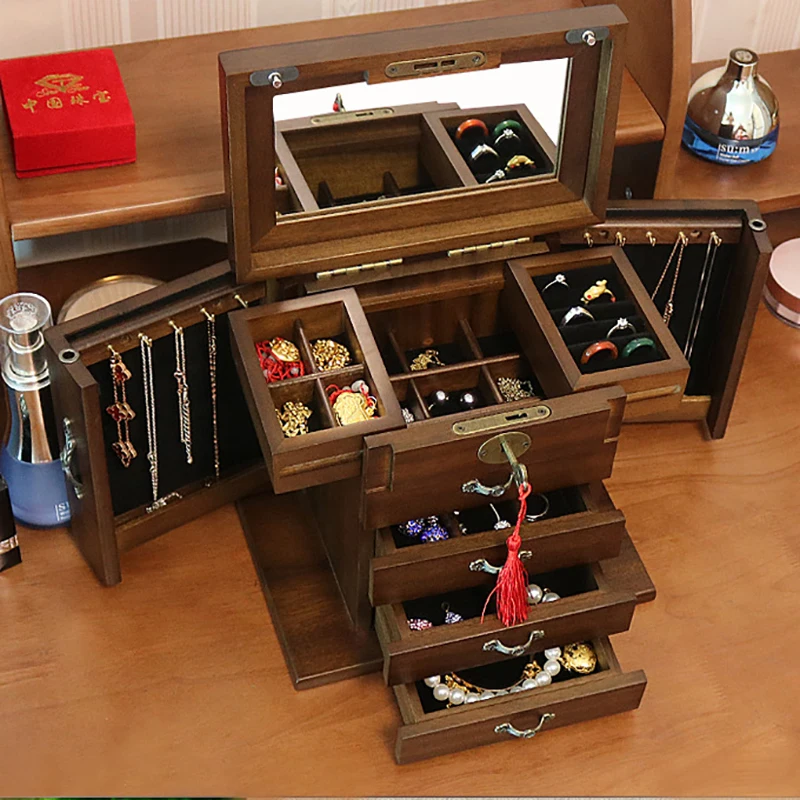 Luxury Multi Layer Jewelry Box Storage Organizer Case Wood Rosewood Vintage Jewelry Storage Box Large Capacity 360 with Lock