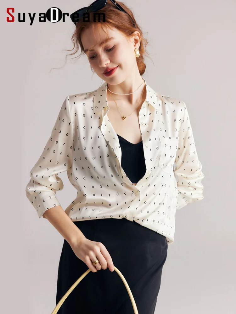 SuyaDream Women Chic Shirts 90%Silk 10%Spandex Single Breasted Printed White Blouses 2023 Spring Summer Office Lady Top