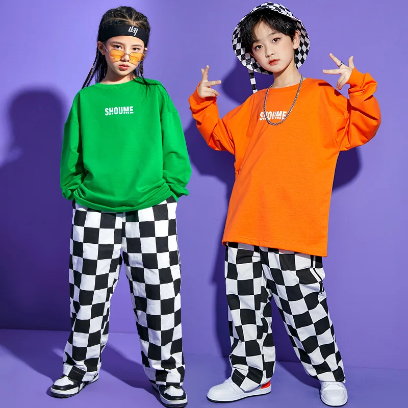 

Kid Kpop Hip Hop Clothing Oversized Sweatshirt Top Checkered Streetwear Baggy Pants for Girl Boy Jazz Dance Costume Clothes