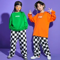 kid kpop hip hop clothing oversized sweatshirt top checkered streetwear baggy pants for girl boy jazz dance costume clothes