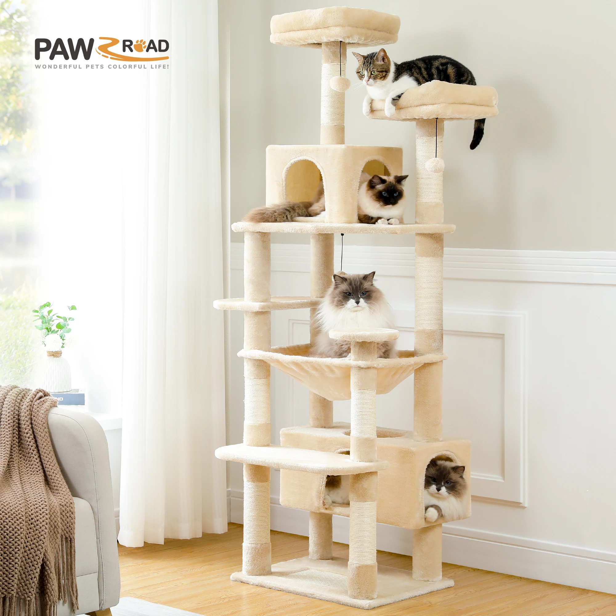 Multi-Level Large Cat Tree with Sisal-Covered Scratching Posts Cozy Condos Spacious Hammock Tall Cat Tower for Indoor Cat Toys