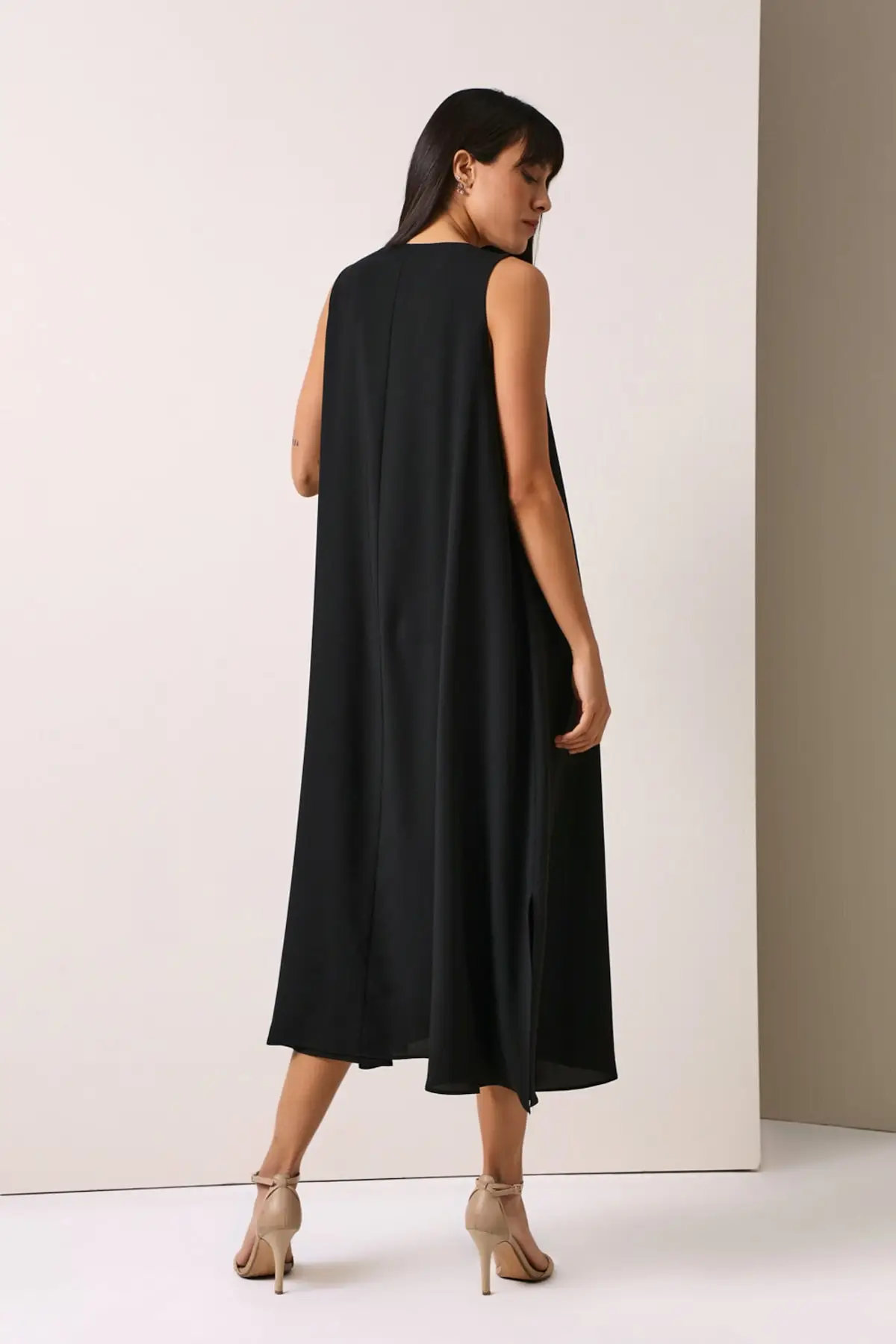 

V Collar Long Dress-Black