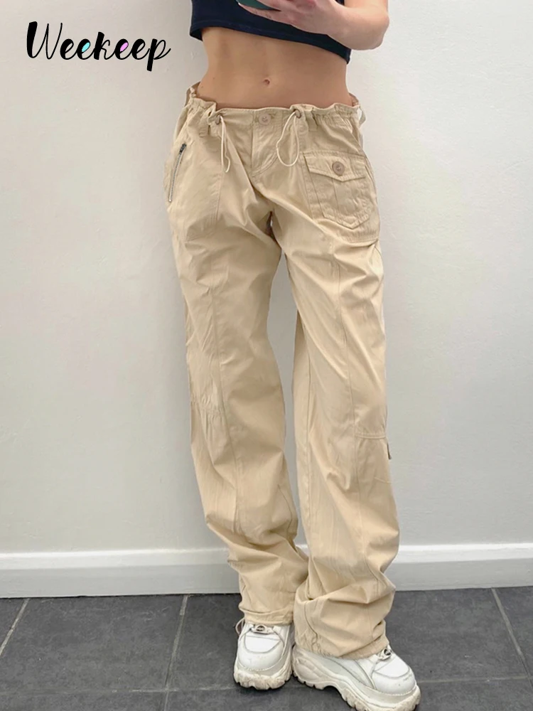 

Weekeep Khaki Straight Cargo Pants y2k Aesthetic Drawstring Low Rise Baggy Casual Pants Harajuku Streetwear Women Retro Trousers