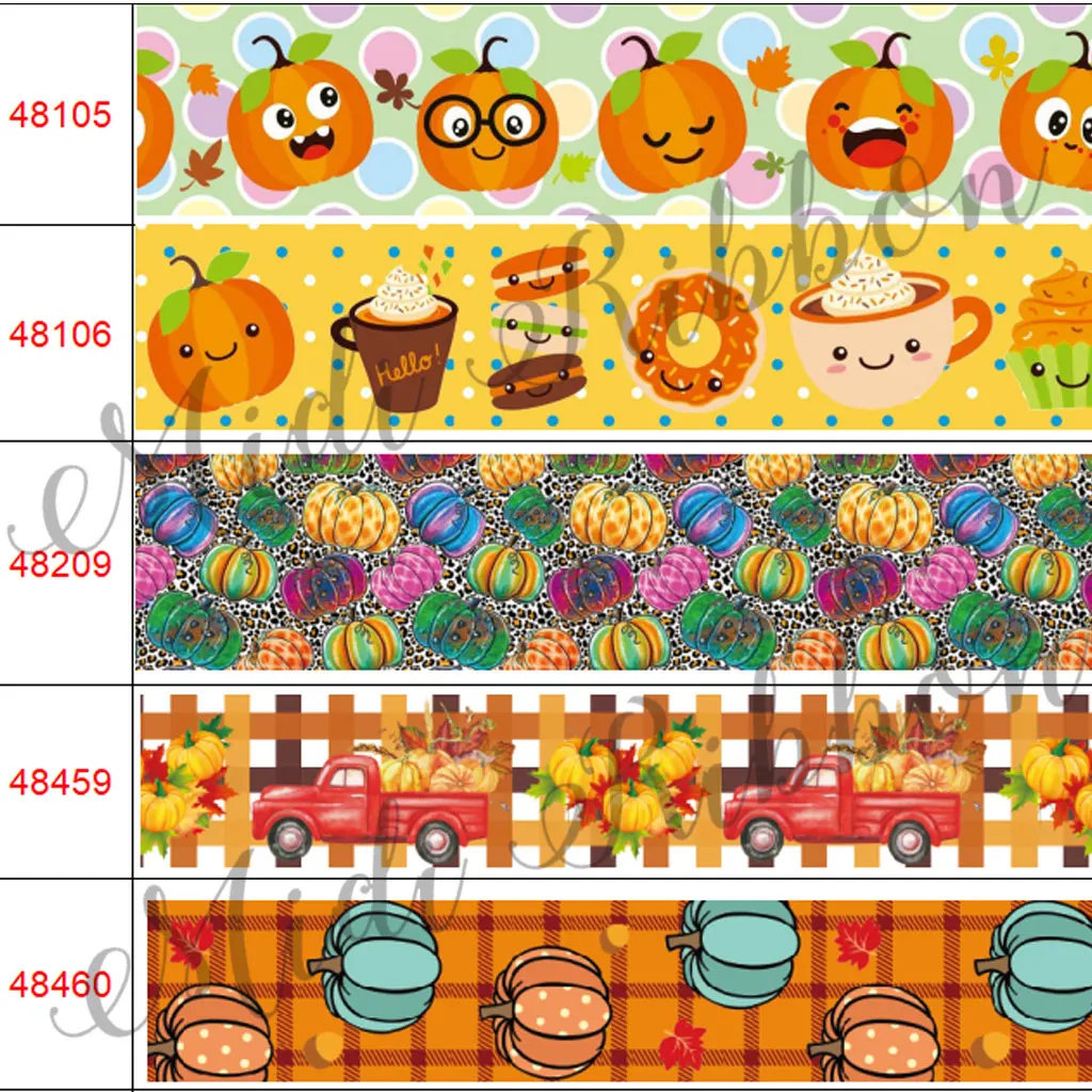 

16mm-75mm Happy Thanksgiving Series Cartoon Pumpkin Bat Printed Grosgrain/Foe DIY Hair Bowknots Decoative 50yards/roll