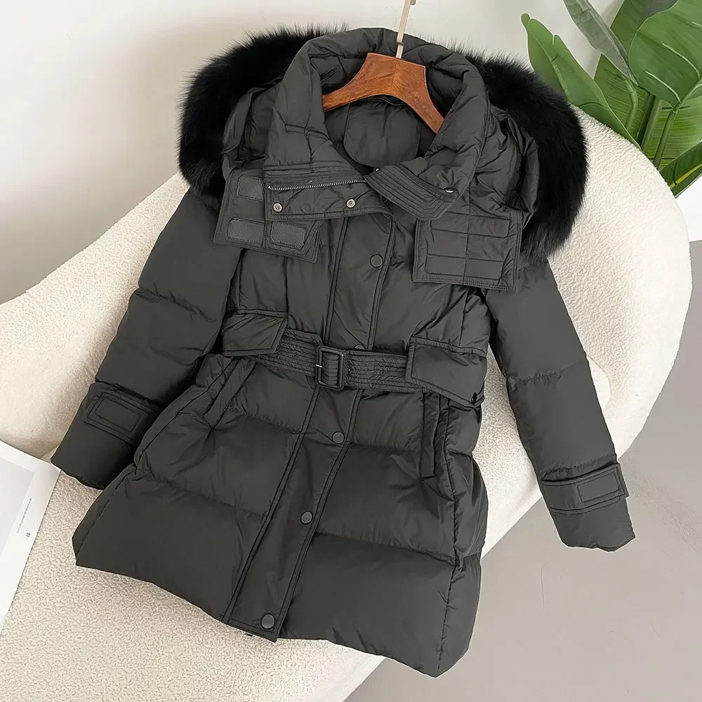 Женский длинный пуховик со съемным воротником теплая куртка на белом утином пуху