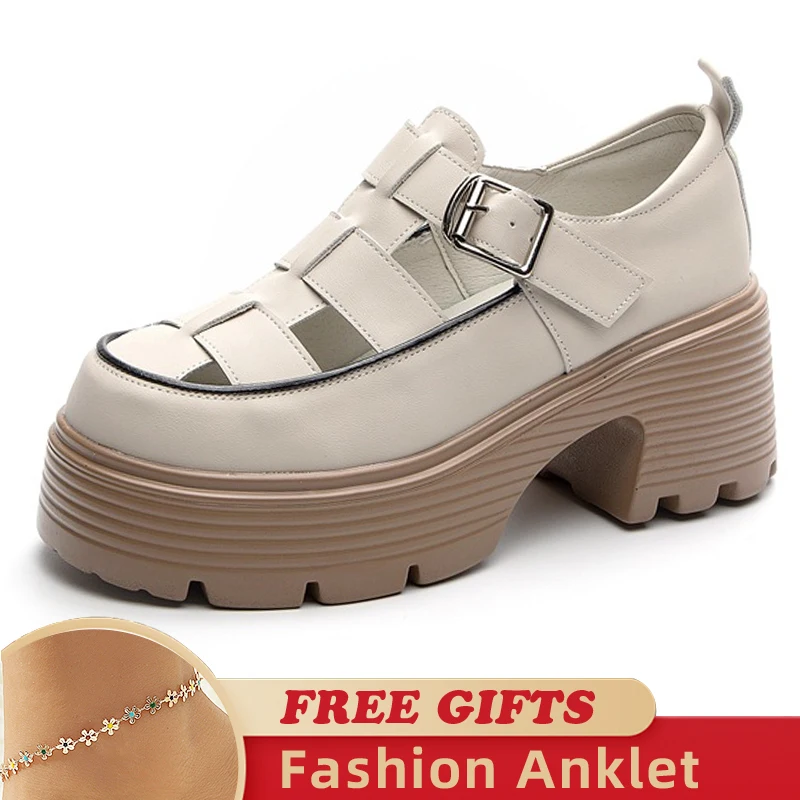 2023 New 7cm Genuine Leather Female Heeled Sandals Hollow Buckle Summer Fashion Platform Wedge Chunky Sneakers Comfy Women Shoes