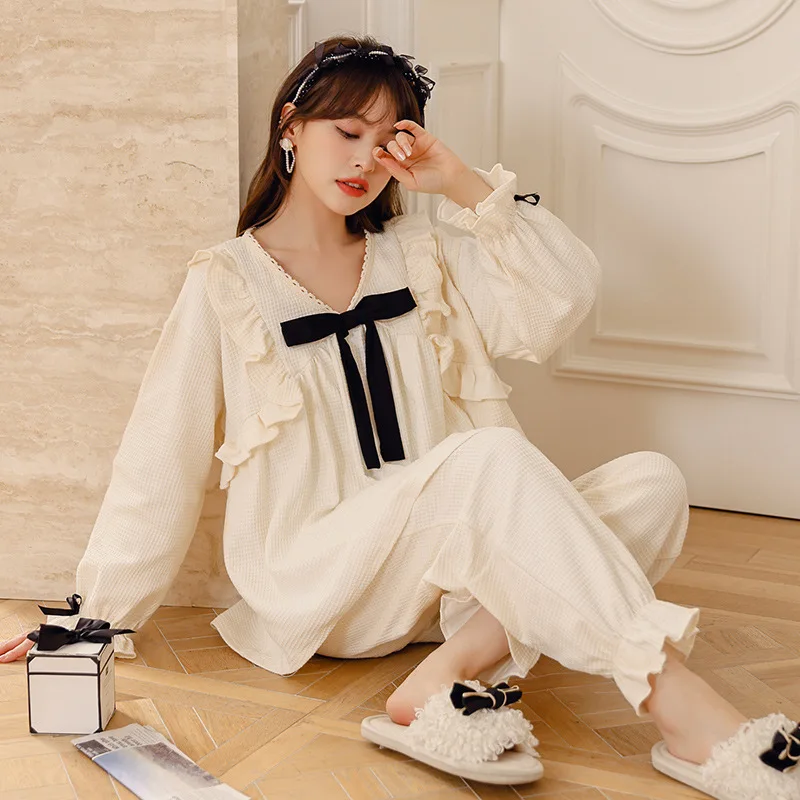 Women's Pajamas Spring Autumn Waffle Long Sleeves Sleepwear Set 2023 New Ruffled Sweet Housewear Clothes Pyjamas Female