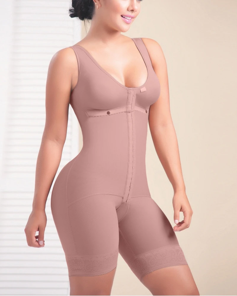 Short Sleeveless Mid Back Shaping Bodysuit Bra Eye N Hook Shapewear Tummy Control Post Op Fajas For Women