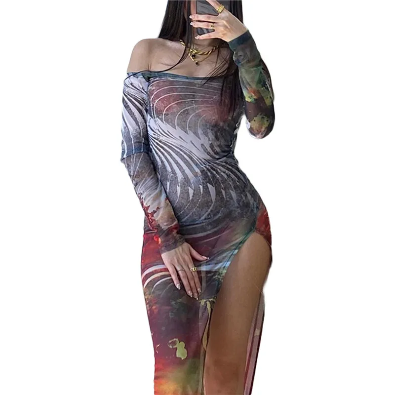 

Women Sling Maxi Long Dress Summer Printed Sexy See-through Off Shoulder Long Sleeve Side Slit Spaghetti Strap Dress Party Club