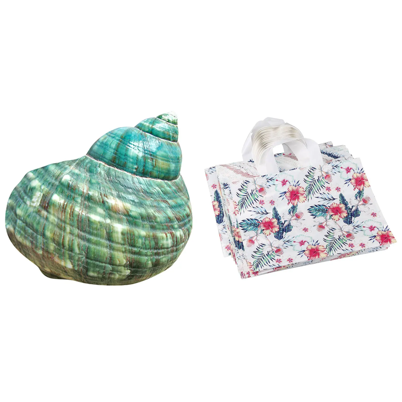 

1x 10CM Green Turbo Natural Rare Real Sea Shell Conch & 50Pcs Shopping Portable Hand Plastic Bag Tropical Leaf Flower