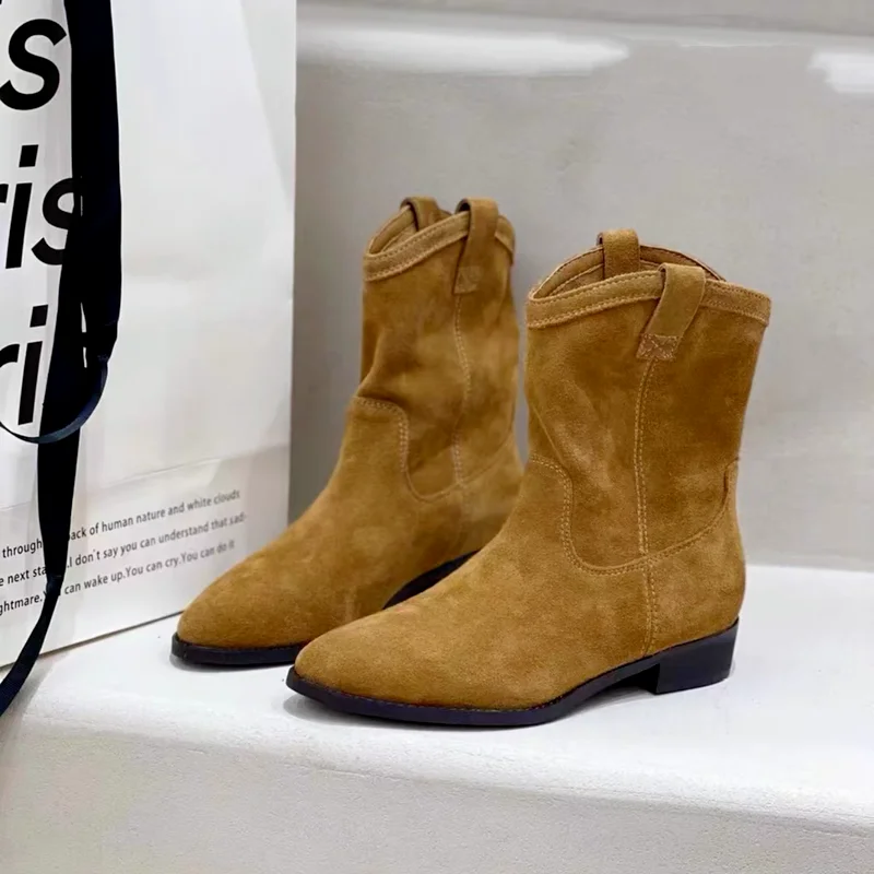 

Natural Suede Embroidered Women Boots Leather Handmade Pointed Toe Spike Heel Autumn Winter Boots Cowboy New Western Retro Botas