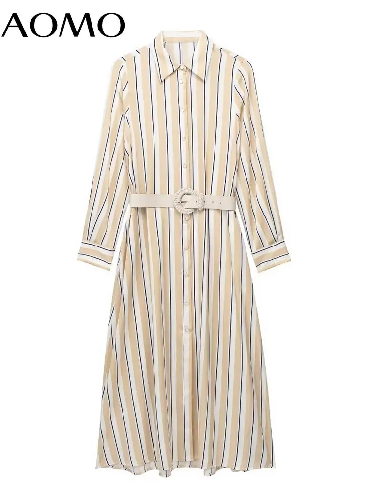 

AOMO 2023 Women Striped Print Loose Shirt Dress With Belt Long Sleeve Office Ladies Midi Dress 3H364A