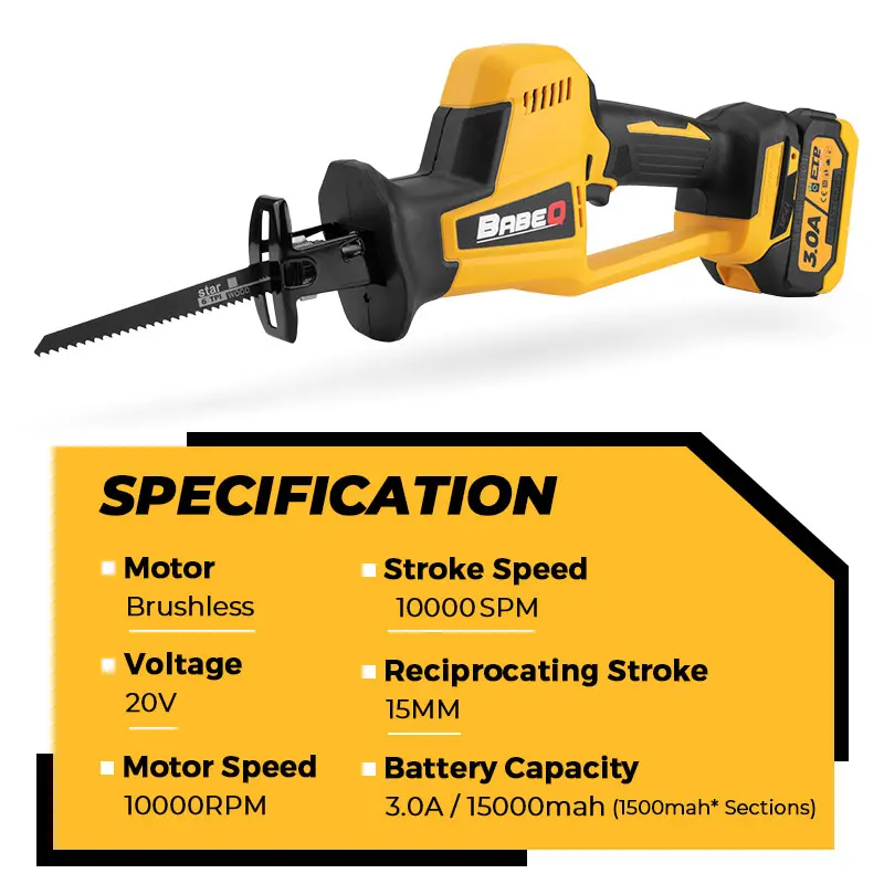 BABEQ 15 мм Бесщеточная сабельная пила Многофункциональная 4 шт. Пильные полотна