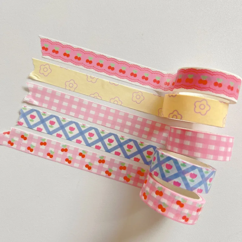 1Pcs Pink Grid Cherry Flower Washi Tape Decorative Adhesive Tape Color Masking Tape For Sticker Scrapbooking DIY Stationery Tape