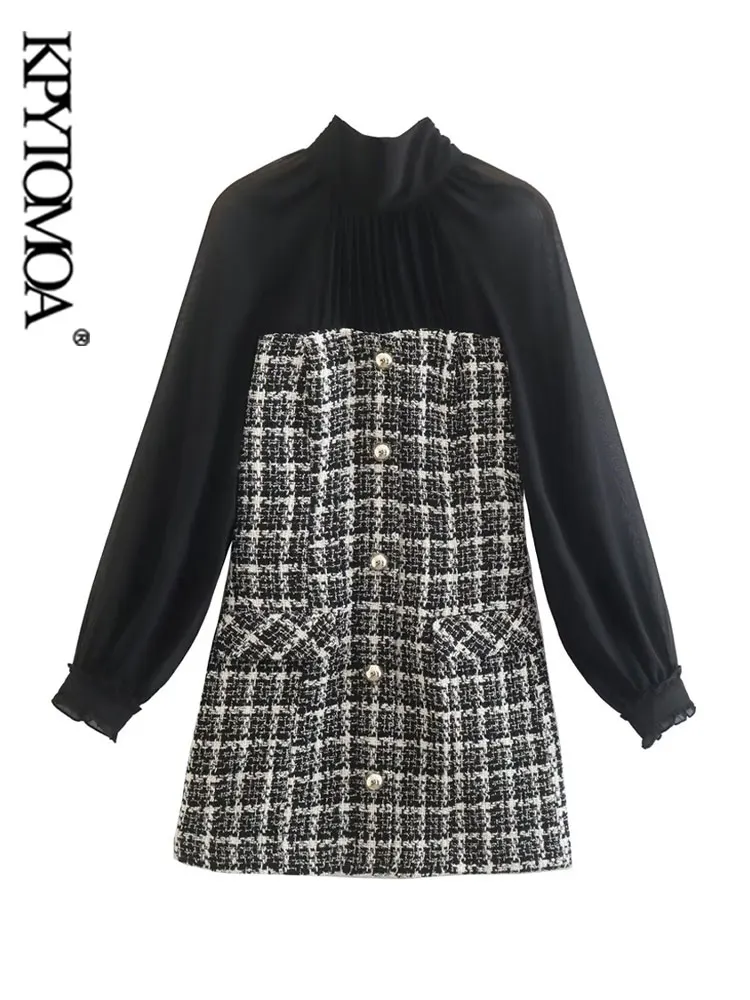 

KPYTOMOA Women Fashion Patchwork Semi-sheer Tweed Mini Dress Vintage High Neck Long Sleeve Female Dresses Vestidos Mujer