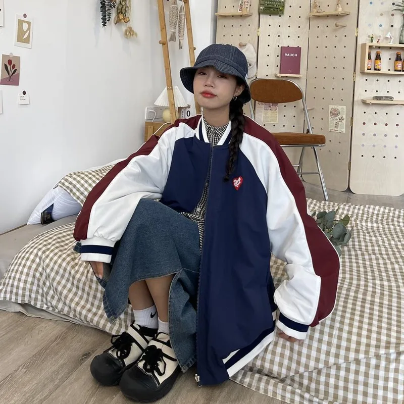 

Preppy Style Double Bomber Jackets Sudadera Mujer Korean Vintage Loose Zipper Coats Women Striped Plaid Baseball Outerwear