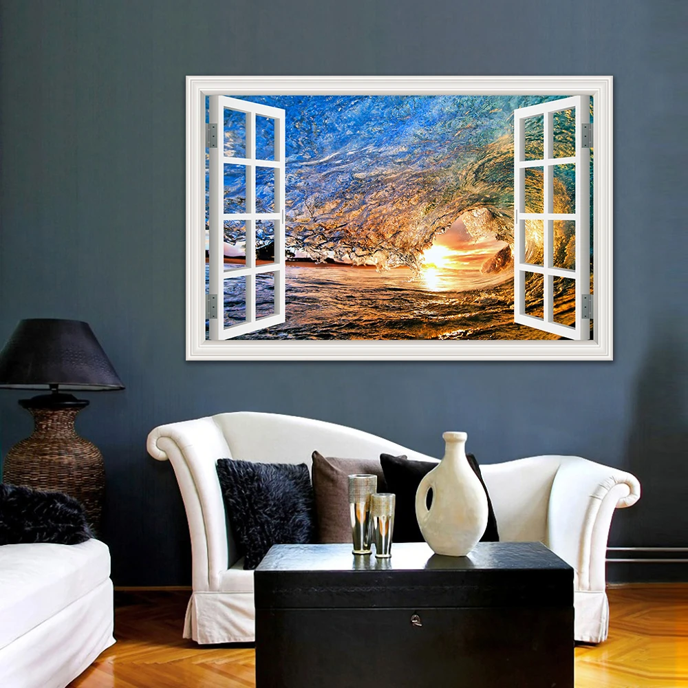 

3d Large Decal Wall Sticker Wall Pictures for Living Room Bathroom Sea Wave Seascape Window View Vinyl Wallpaper Home Art Decor