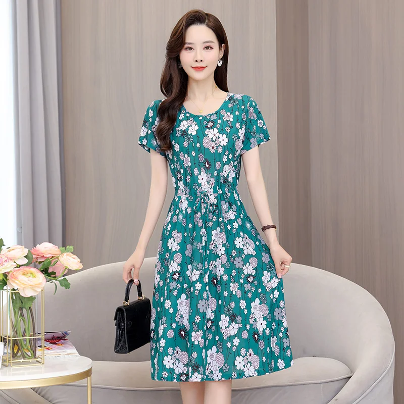 

Beardon Summer Women's Printed Dress Medium Long Short Sleeve O-Neck Elegant Over Knee Casual Print Belt Skirts 6XL 2023 New