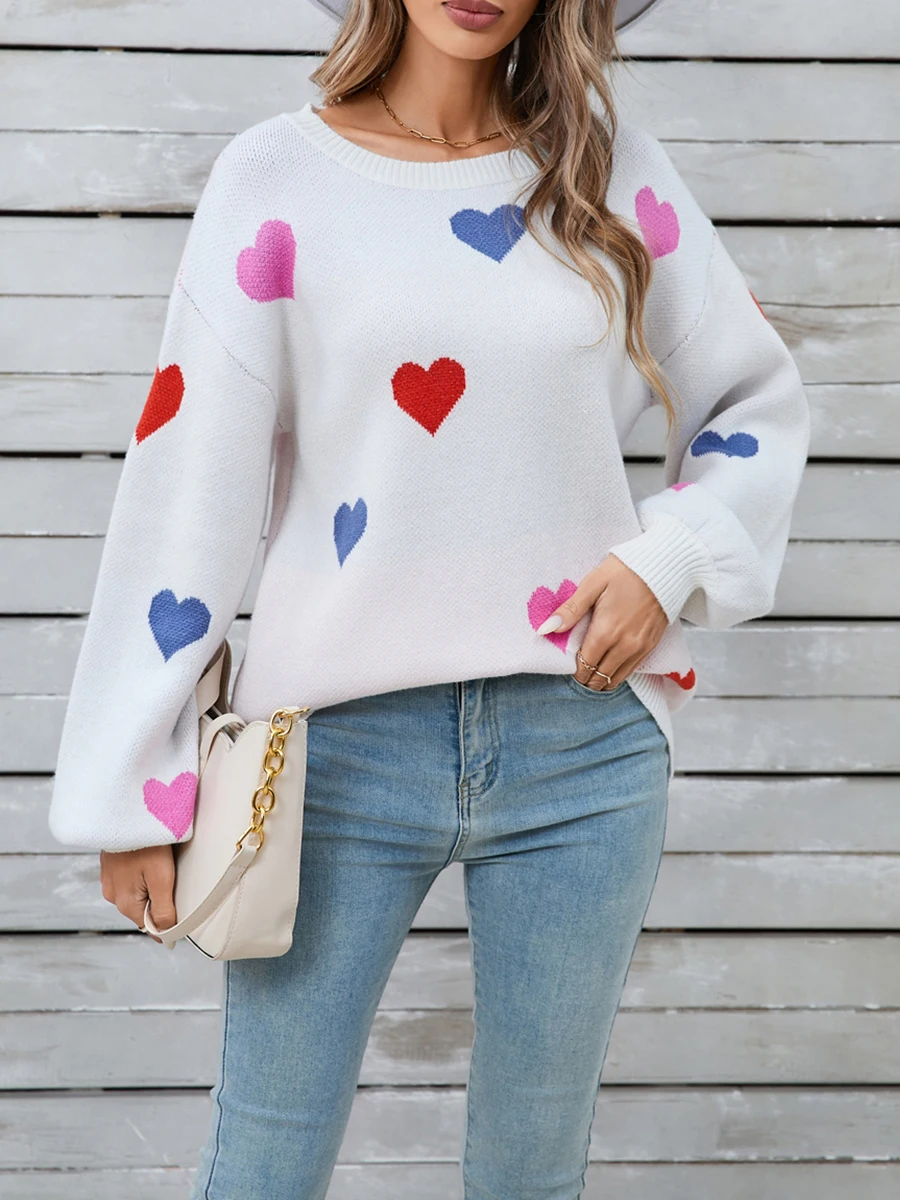 Женский свитер с принтом сердца Свободный пуловер длинным рукавом и круглым
