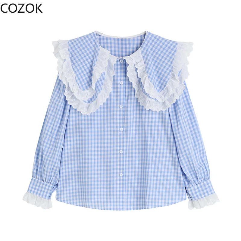 

Pink Plaid Lolita Blouses Women's Lantern Long Sleeves Double Neck Lace Shirts Female Doll Collar Loose Top Elegant Sweet Blouse