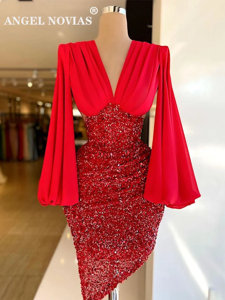 

Sexy Long Sleeves Red Crystal Beads Cocktail Dresses Sweet 16 Strapless Party Graduation Gown Robe De Princesse