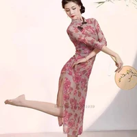 2022 chinese traditional clothing qipao streetwear dress floral printed elegant folk dance costume stage performance dress qipao