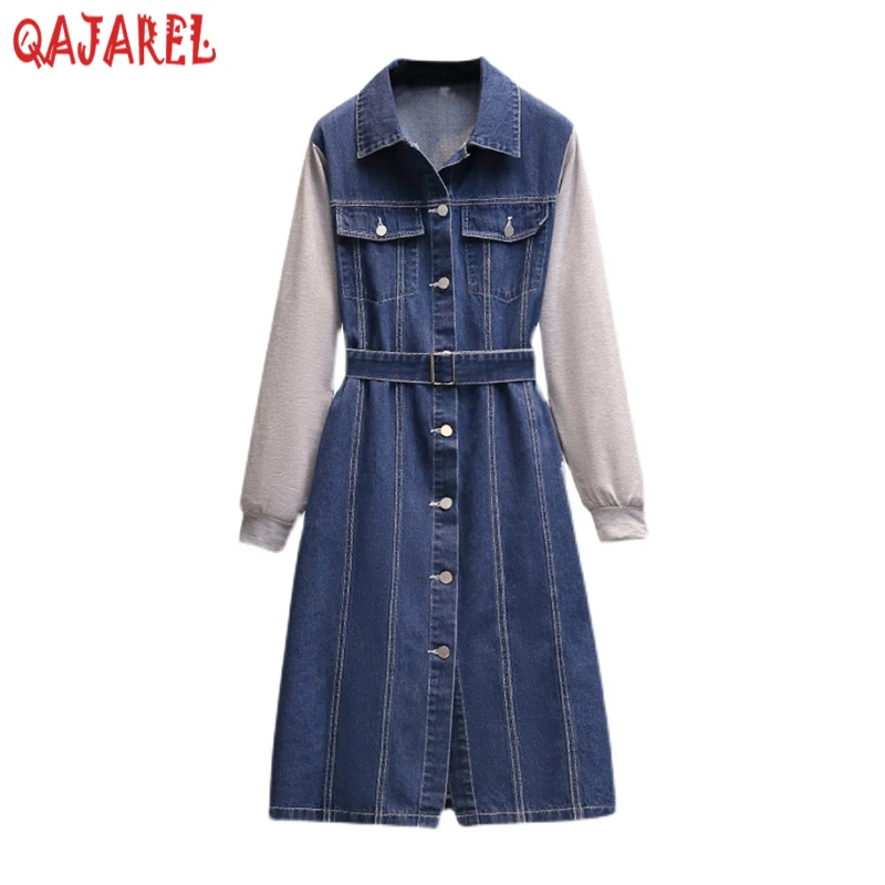 Blue Denim Patchwork Knitted Cotton Long Sleeve Midi Dress 2023 Women Elegant Bodycon Dress Spring Autumn Korean Vintage Dresses