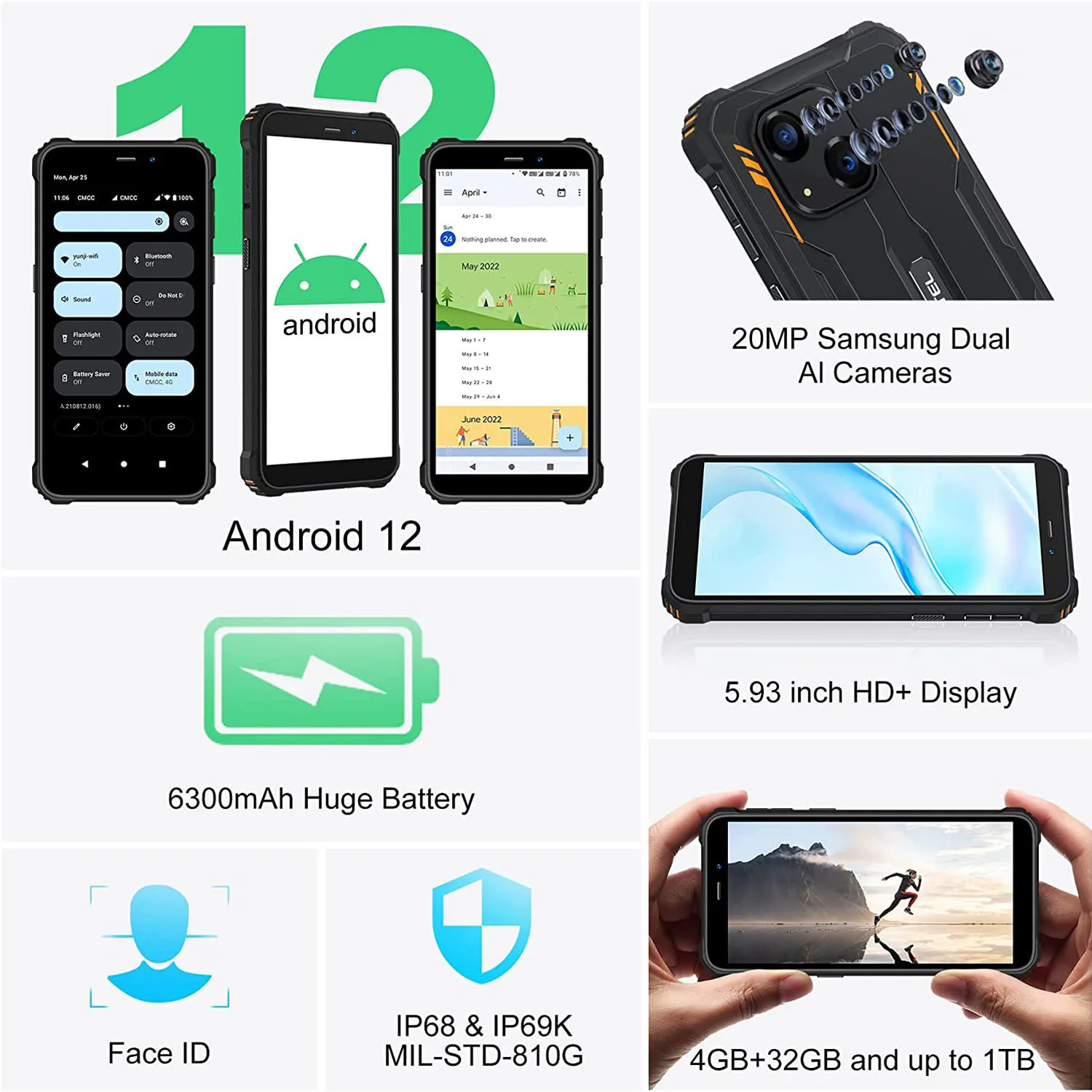 Oukitel WP20 Waterproof Smartphone 6300mAh IP68 Android Phone 5.93'' 4GB+32GB Mobile Phone 20MP Dual Cameras 4G Rugged Cellphone