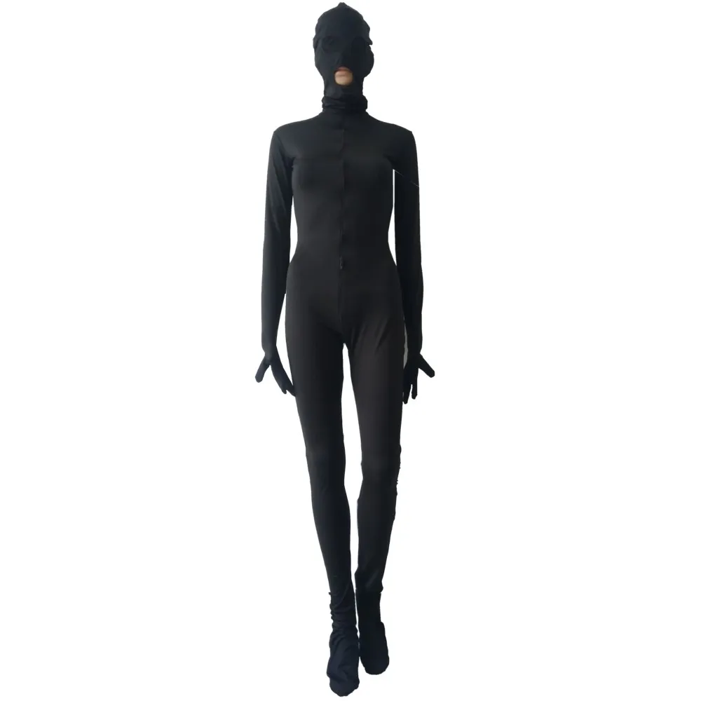 

Halloween cosplay Front 3-way zipper Unitard Catsuit Spandex Zentai Bodysuit Costume with removable mask open mesh eyes mouth