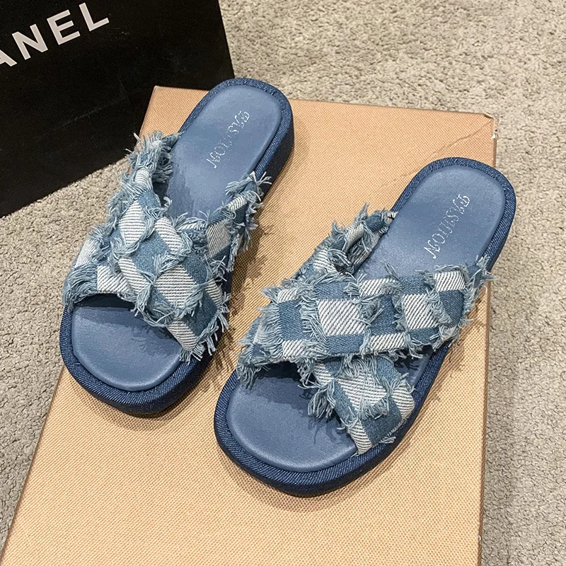 Denim Rome Thick Women Slipper 2023 Summer Platform Heels Casual Sport Beach Ladies Slides Fashion Dress Women Sandals Flip Flop