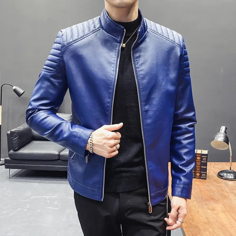 

2022 Autumn Mens Fashion Leather Jacket Solid Color Stand Collar Slim Biker Coats High Quality Men Windproof PU Leather Jacket