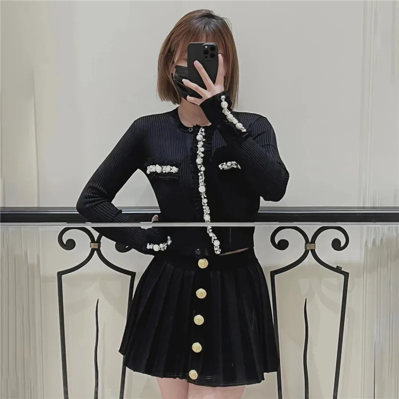 

Black Knitted Cardigan 2022 Early Autumn New Women's Pearl Soft Waxy Sweater Outer Wear