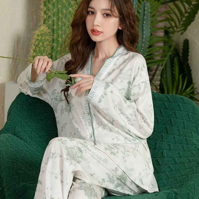 

Jxgarb V Neck Satin Long Sleeve Trousers 2023 Spring New Pajamas Sets Leisure Floral Printed Outfits Nightwear Hot