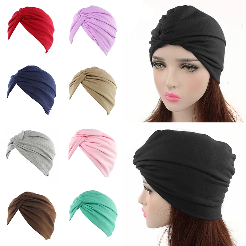 

Stretch Sleep Chemo Hat Faux Cotton Cross Muslim Indian Hat Women Pleated Hijab Turban Solid Color Bonnet Bandanas Cover