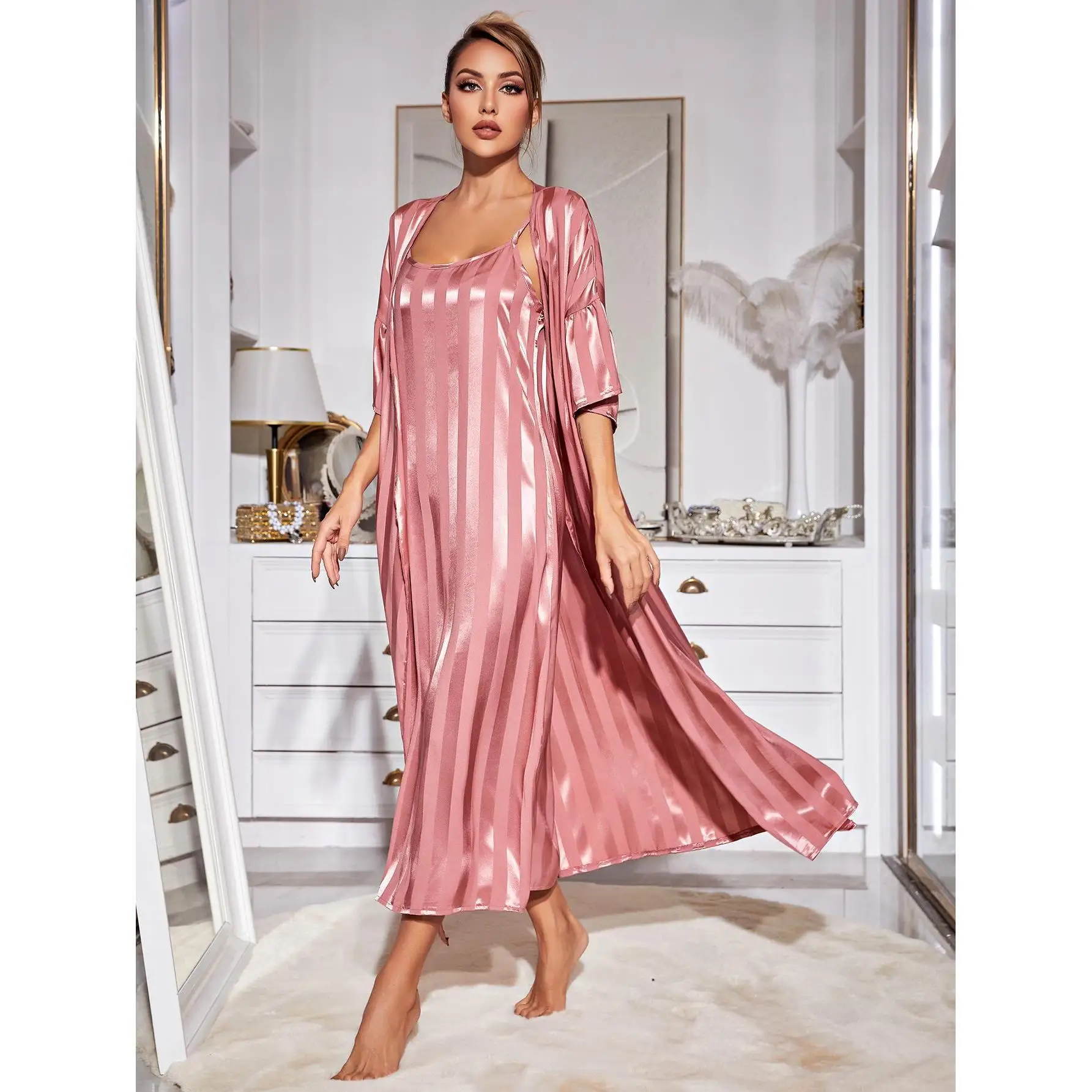 

Women's Two Pieces Robe Nightdress Home Clothes Ice Silk Sleep Set Female Summer Nightdress &Bathrobe Lingerie Nightgown