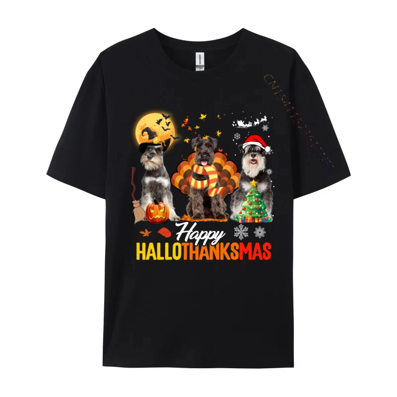 Schnauzer Happy Hallothanksmas Halloween Thanksgiving Xmas T Shirt Men's 100 Percent Cotton Vintage T-Shirt Homme Clothes