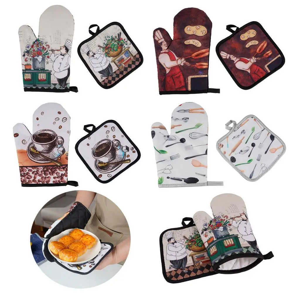 

2pcs Oven Heat-insulating Gloves And Pad Set Heat Resistant Thermal Anti-heat Take Hot Pot Nordic Style Cooking Baking Gloves