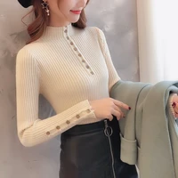 2022 autumn women sweater knitted long sleeve o neck pullovers lady slim tops vintage button office sweaters sexy basic tops