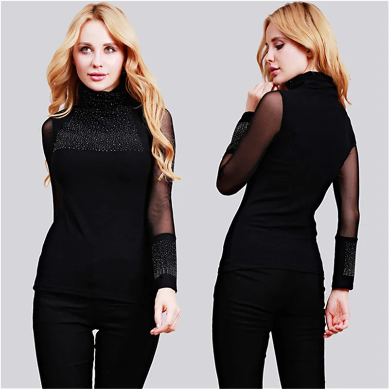 

Sexy Lace Tops Autumn 2022 Blusas New Slim Lace T-Shirt Long Sleeve Casual Shirt Beaded Openwork Women Clothing