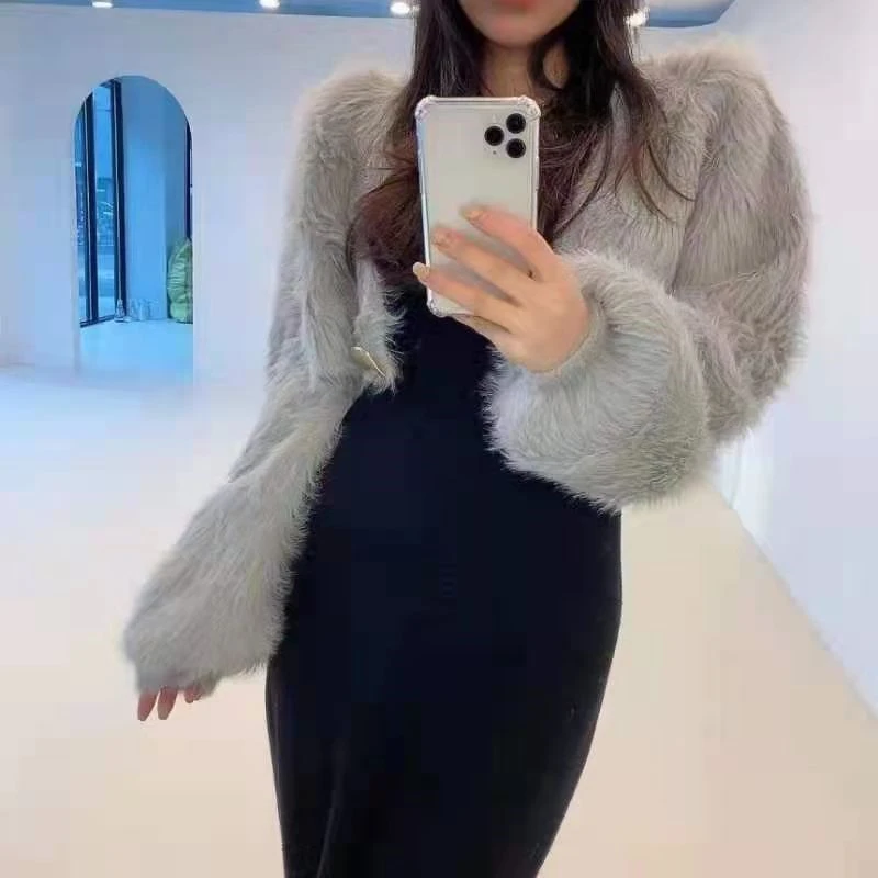 Милый однотонный короткий кардиган с V-образным вырезом корейский шикарный