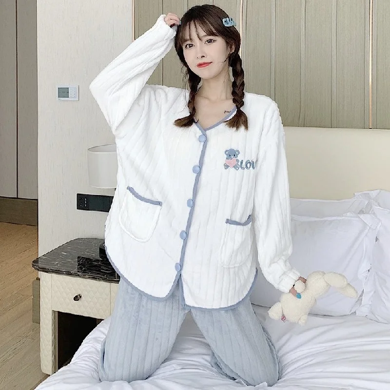 

Зимняя женская пижама, пижама в Вертикальную Полоску, фланелевый костюм с воротником-стойкой, Простое домашнее обслуживание из кораллового...