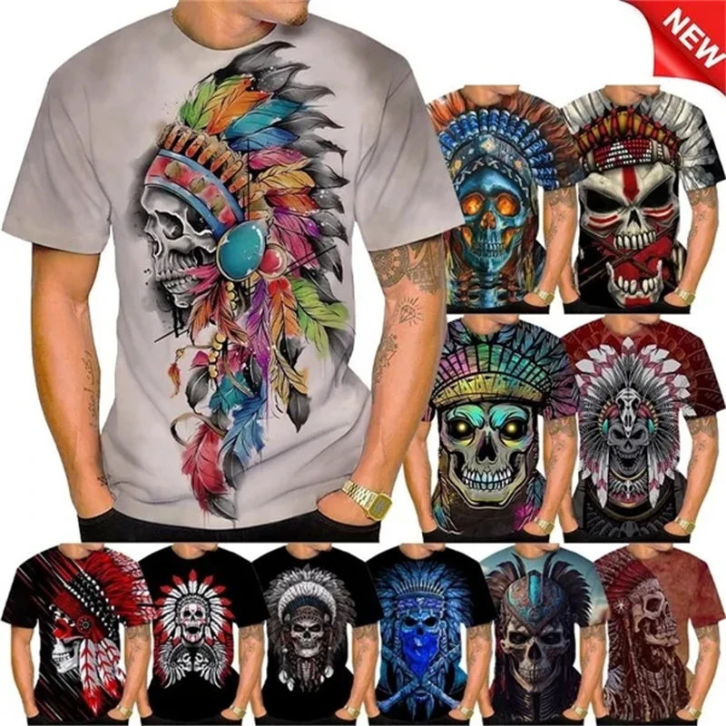 

Summer Hot Fashion Indian Chief 3D Printing T-shirt Skull Indian Chief Personality Cool Street Style Men's Short Sleeve T Shirt