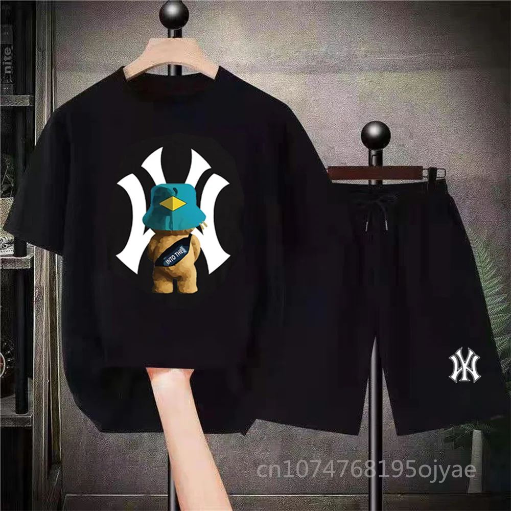 Summer Men's T-shirt + Shorts Suits Casual T Shirts Sport Set Bear Print Short Sleeve Tops Cotton Tracksuits Designer Streetwear